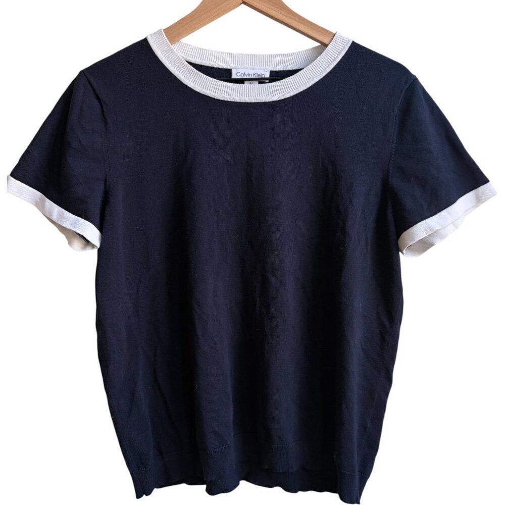 Calvin Klein Knit Top Tee Navy Blue with White Contrast Trim Large